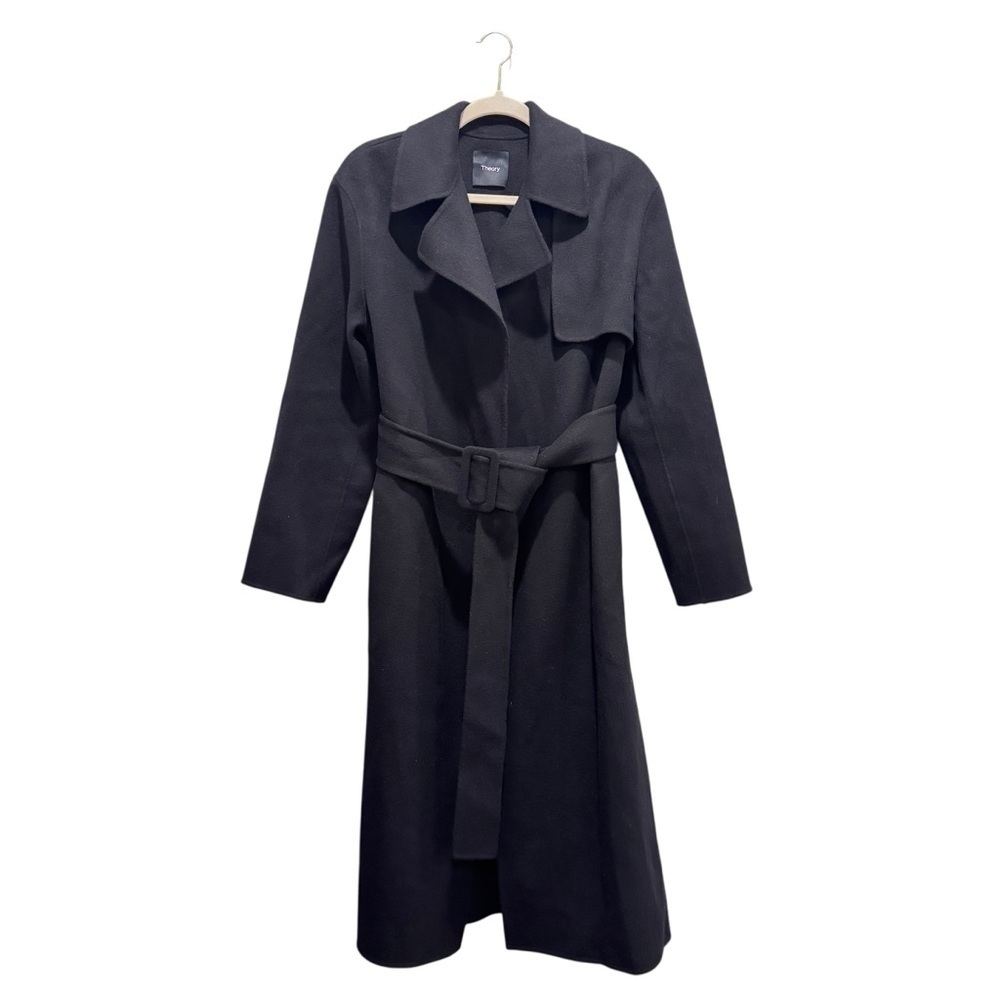 NWT Theory Long Wrap Belted Trench Coat Wool Cashmere Black Sz M - Picture 2 of 16